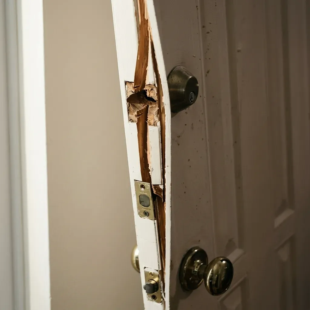 Damaged front door and broken lock frame after a residential break-in