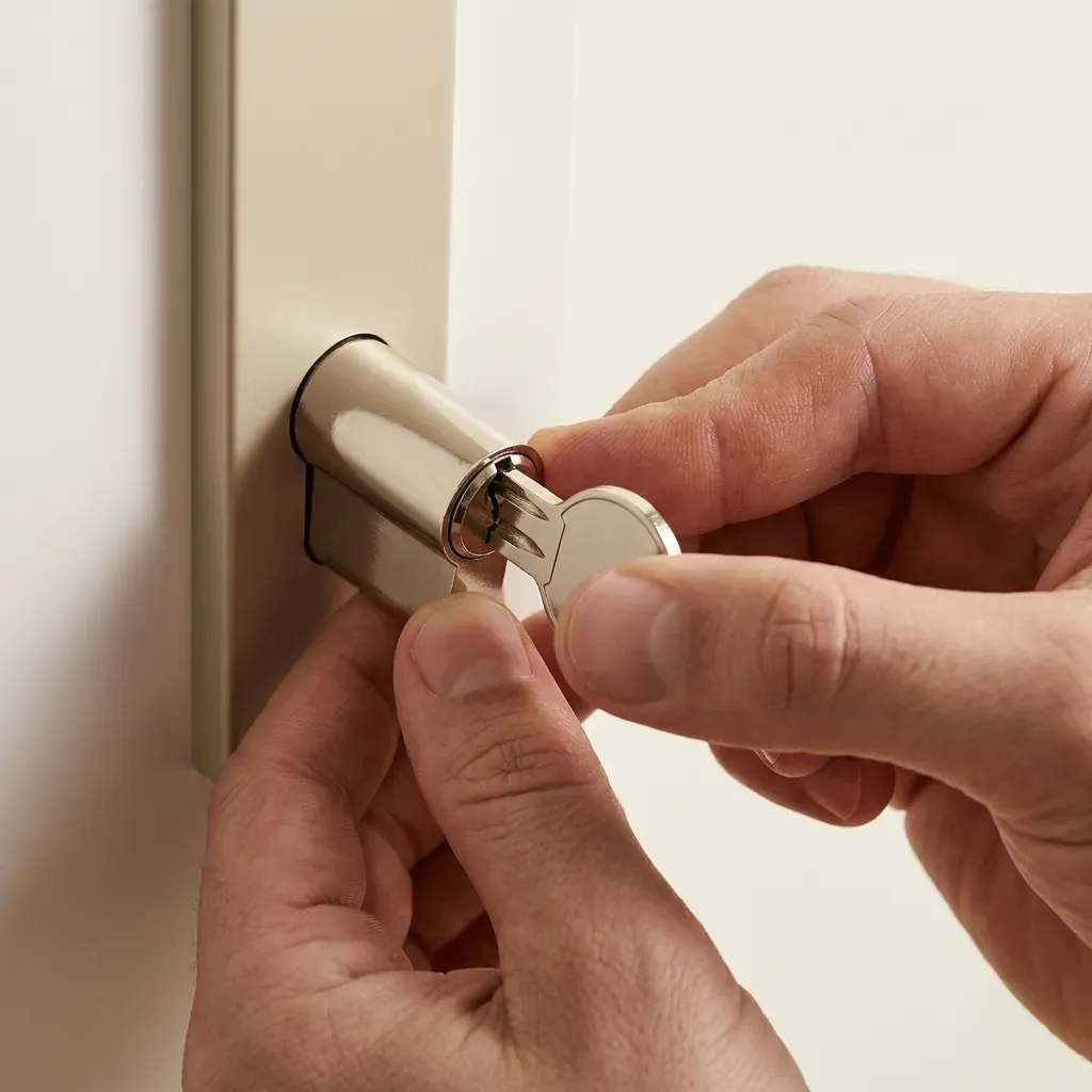 Locksmith rekeying a residential lock cylinder after a theft