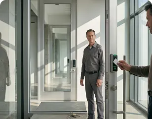 Commercial access control keypad at an office entry door