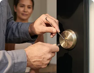 Locksmith performing non-destructive entry on a residential door lock